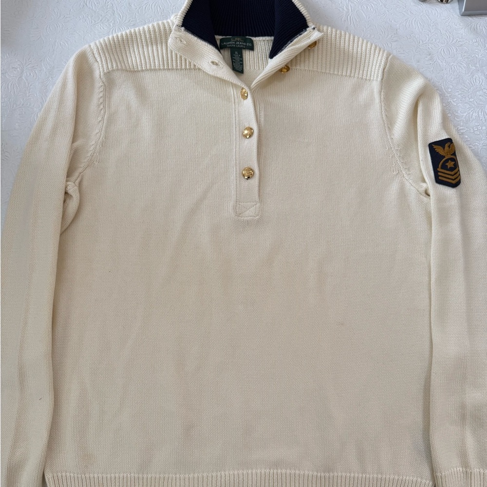 Women’s Ralph Lauren Cream Cotton Sweater with Button Detail Military Detail XL